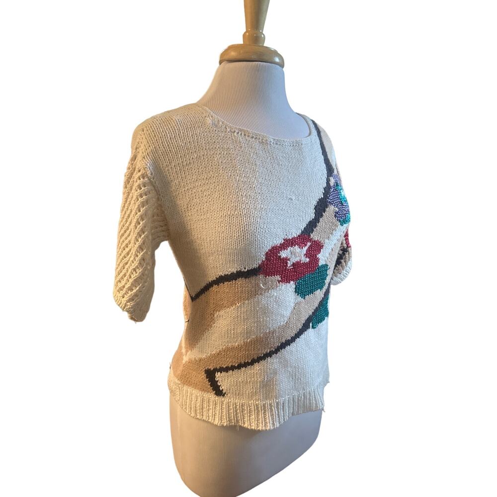 Vintage 1980s Women S Classic Directions White Sweater Knit Top Print Floral